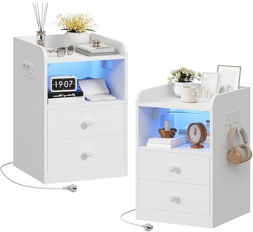 IRONCK Nachttisch 2er Set mit Steckdose und LED, Beistelltisch mit 1 USB & 1 Typ-C Anschlusse, Nachtschrank 2 Schubladen&offene Fächer, Sofatisch für Wohnzimmer, Schlafzimmer, Arbeitszimmer, Weiß