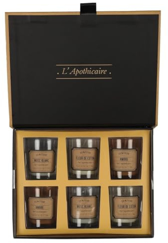 Coffret 6 bougies apothicaire parfums musc blanc, ambre et fleur de coton
