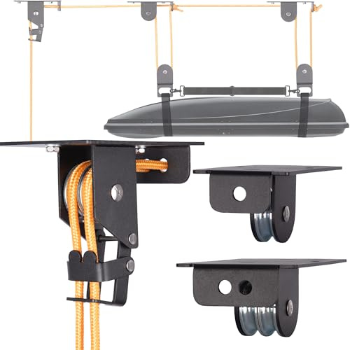 RoakyRoasy Cargo Box Hoist for Garage Ceiling with Metal Pulley System Holds 150 lbs, 5.5 Low-profile Rooftop Carrier Storage Lift, Parallel or Perpendicular Mounted