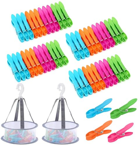 ZhouWei 48 Pièces Pince a Linge avec 2 Panier Pince à Linge, Antidérapant Plastique Epingle a Linges Extérieur Solides Épingles à Linges Clip de Brise-Vent, pour Chaussettes Serviettes Vêtements