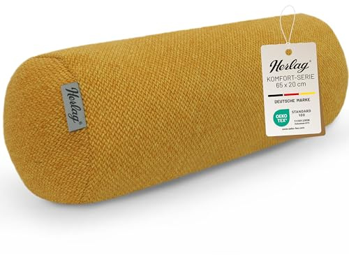 Herlag große Kissenrolle Luxe 65x20cm - Lange Nackenrolle mit Bezug - Wohnliches Seitenschläferkissen - Waschbare Schlafrolle für Erwachsene & Kinder - Eleganter Strukturstoff - Senfgelb -Öko Tex 100