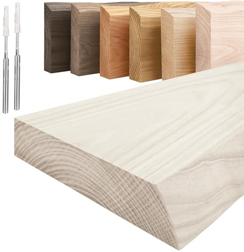 LAMO Manufaktur Schweberegal Holz mit unsichtbarer Befestigung | Wand Regal 50cm breit für Badezimmer, Flur, Küche | Farbe: Weiß, Kante: natürlich | Massivholz, modernes Design, Schwebende Optik