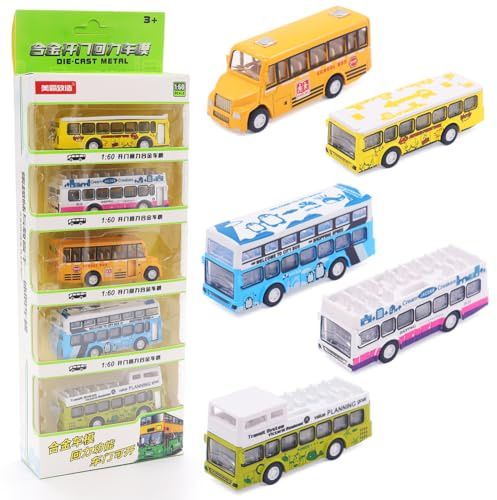 MIFKLMV Double Decker Bus Toy, School Buses Toys, 5pcs Pull-Back Bus Model, City Car Toy for Kids Alloy Diecast Toy Vehicles Buses Toys Birthday Gift for Kids Grils and Boys