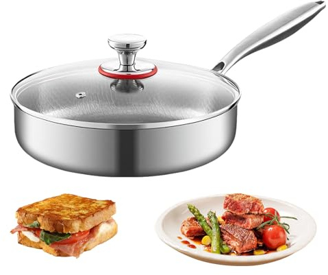 Zephviora Sartén de acero inoxidable con tapa, 28 cm, 3 capas, acero inoxidable, sin revestimiento, sartén de inducción, sartén antiadherente con mango ergonómico, apta para todo tipo de fuegos