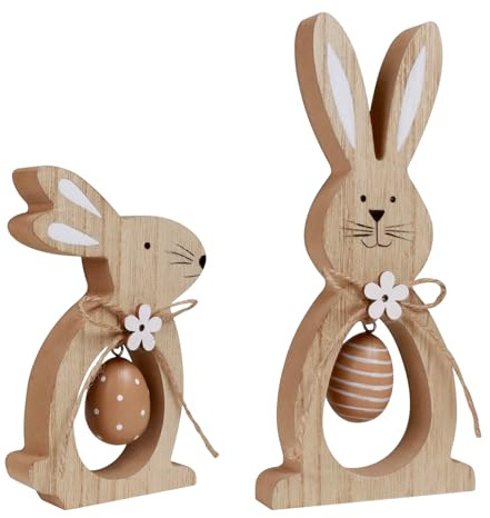 Osterhase Deko aus Holz,2 Stück Osterhasen Deko zum Hinstellen,Osterdeko Holz Hasen Figuren,Aufsteller Ostern Hase mit Blumen Ostereier,Tischdeko Osterhasen Groß,Osterdekoration Frühlingsdeko (D)