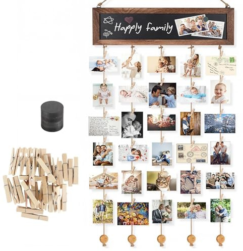 Zynaxir Wall Hanging Photo Display Board with 30 Wooden Clips Photo Pegs and String Collage Hanging Picture Frames Multiple Photo Holder Organizer DIY Home Decoration