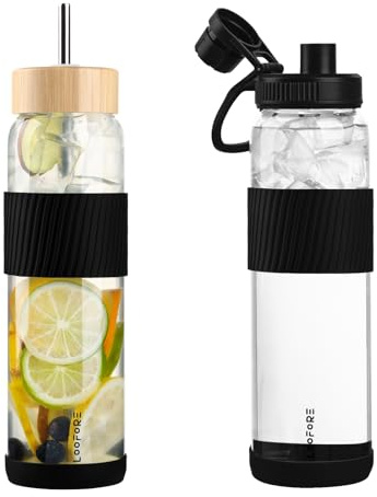 LOOFORE Glasflasche 1 liter 1l, Wasserflasche Glas 1000ml mit Strohhalm | 1000ml, BPA freie, Spülmaschinenfeste, Water Bottle mit 2 Deckeln und Silikonschutz für kohlensäurehaltige Getränke, 1 Stück