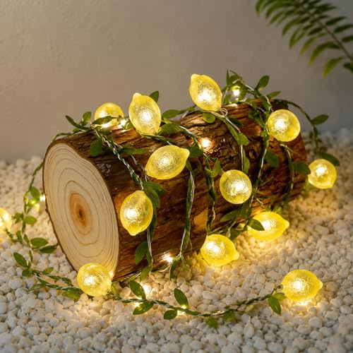 ZingBox Zitronen Ranken Lichterkette, 2M 10 LED Gelb Zitronenform Batterie | Grüne Blätter Lichterketten, Hawaii Zitronen Ranken-Lichterkette für Diy Wohnzimmer Party Hochzeit Garten Weihnachten Deko