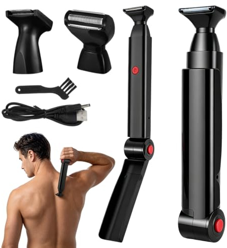 HOVCEH - Rasoio per schiena da uomo, pieghevole, con 2 testine flessibili per assorbire gli urti, senza fili, con manico lungo, rasoi per il corpo da uomo, per schiena, petto e spalle