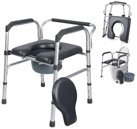 Raised Toilet Seat with Handles, 3-in-1 Folding Commode Chair for Elderly & Disabled, Adjustable Toilet Seat Riser with Padded Seat, Shower Chair & Bedside Commode, 150kg Capacity