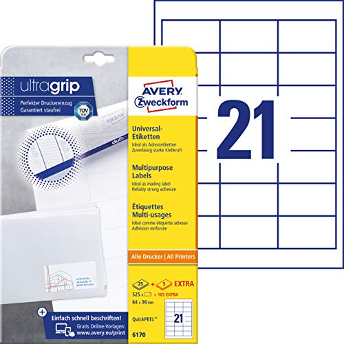 AVERY Zweckform 6170 Adressaufkleber (525 plus 105 Klebeetiketten extra, 64x36mm auf A4, Papier matt, bedruckbare Absenderetiketten, selbstklebende Adressetiketten mit ultragrip) 30 Blatt, weiß