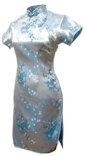 7Fairy Women's Light Blue Floral Mini Chinese Evening Dress Cheongsam Size 4 US