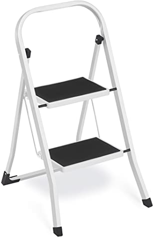 SONGMICS Trittleiter, Leiter mit 2 Stufen, Klapptritt, Klappsicherung, einfach zu verstauen, bis 150 kg belastbar, basisweiß GSL12WT