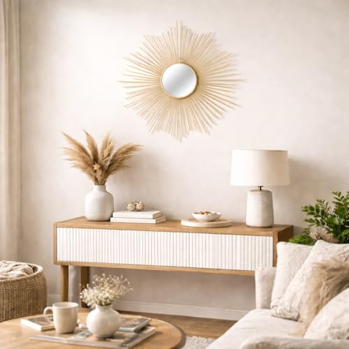Mojawo Hochwertiger Exclusiver Wandspiegel Rundspiegel Spiegel Dekospiegel Sonne aus Metall in Gold Ø65cm