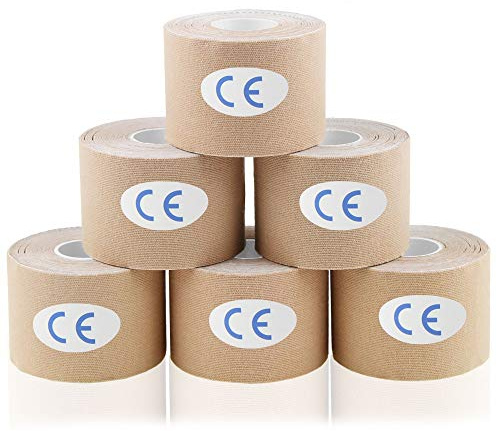 AUPCON Kinesiology Tape Elastic Therapeutic Athletic Tape Hypoallergenic Breathable Cotton Sports Muscle Tape Therapy Recovery Support for Knee Shoulder Ankle Elbow Shin (Precut-Beige-6Rolls)