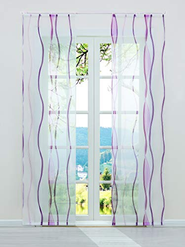 ESLIR Schiebegardinen Set 2er Flächenvorhänge mit Klettband Violett 57x245 | Schiebevorhang, Fenstergardinen, Gardinen für Schienensystem, Vorhang Transparent, Voile Schals, 2 Stück, Wellen Druck