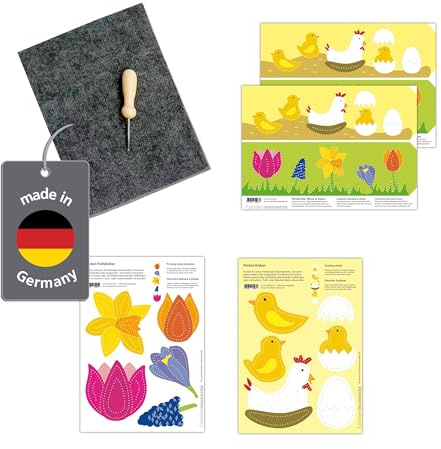 Familienmomente Prickel-Bastelset Wiese & Küken (1x Frühblüher, 1x Küken, 2x Windlichter) DIN A5, 100% Recyclingpapier mit Prickfilz und Prickelnadel
