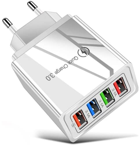 Cargador USB de pared 4 puertos 3.1 – Cargador USB múltiple toma USB múltiple para iPhone 12 XR XS Max XR 8, iPad, Samsung Galaxy S8 S9 HTC LG Motorola Nokia