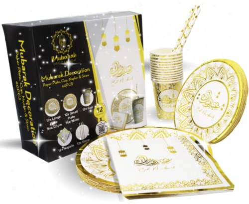 EID by MUBARAK DECORTION - Juego de vajilla desechable - 60 unidades - 12 platos grandes, medianos platos, vasos, paja y servilleta, oro oro oro o rosa oro (oro dorado 23)