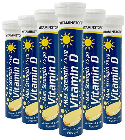 Vitamin Store Vitamin D Effervescent Tablets, Max Strength 75ug, Lemon & Lime Flavoured, Suitable for Vegetarians, 6 Packs of 20 Tablets