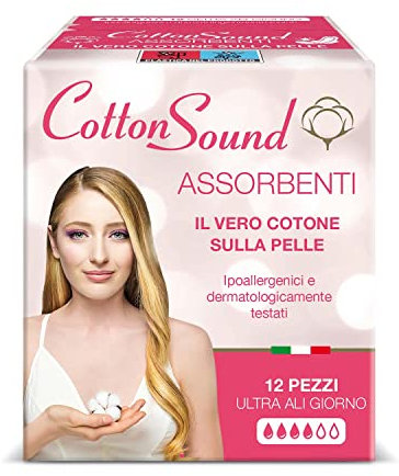 COTTON SOUND ULTRA ALI GIORNO Assorbenti con Cotone 12 Pezzi, 100% Cotone Idrofilo, Ipoallergenici, Dermatologicamente Testati, Super Assorbenti, Tecnologia Multistrato, Made in Italy