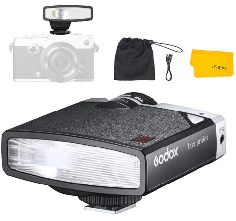 Godox Lux Junior Flash pour Appareil Photo, Portable Rétro Flash avec 7 Niveaux de Puissance, CCT 6000K±200K, Mode Flash Automatique/Manuel, Compatible pour Canon Sony Nikon Fujifilm Olympus Caméra