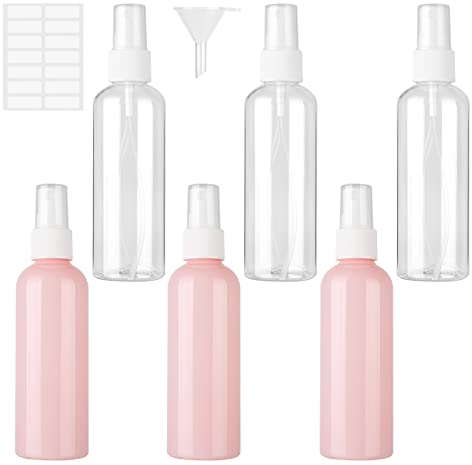6 Stück 100ml Sprühflasche, Zerstäuber Feinen Nebel Sprayflasche leer Plastik Zerstäuber Nachfüllbare, Tragbares Reiseflaschen Set mit Trichter für Wasser Alkohol Parfüm (3 transparent + 3 rosa)