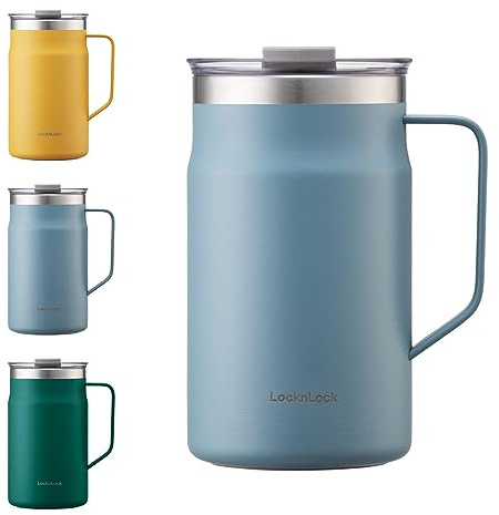 LocknLock Metro Mug, Premium 18/8 Stainless Steel Metal, Double Wall Insulated, Portable Coffee Cup with Lid and Handle for Hot and Cold Drinks, Blue, 20 oz