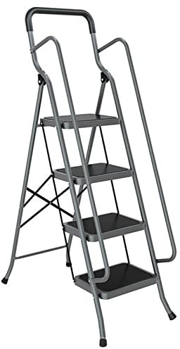 Scala in Alluminio, Con Corrimano, Portata Fino A 150 Kg, Scala A Livelli, Scala Pieghevole Con Scomparto Per Pennelli E Piedini Antiscivolo Per Casa Ufficio Biblioteca Pittura,Grigio,4 Step