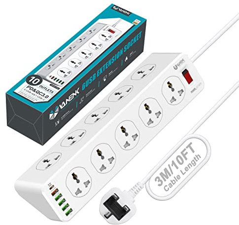 VANENIK Extension Lead with USB C Slot 3M - 10 Way Universal Power Strip with Surge Protector - 10 Gang Extension Socket with 6 USB MAX 32W Fast Charger, Support QC3.0 + PD20W Extension Cord 3 Meter