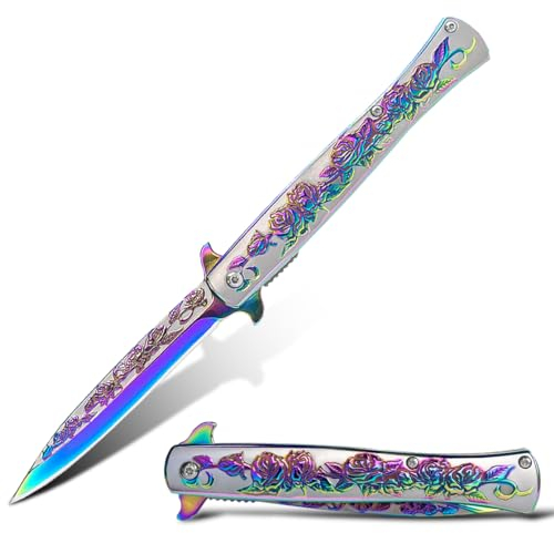 Vividstill cool Klappmesser für Männer, 3D Rosen Titanplattiert Prägen Taschenmessermit, gute Geschenk Edc Messer für Männer Outdoor Überleben Camping (Bunte)