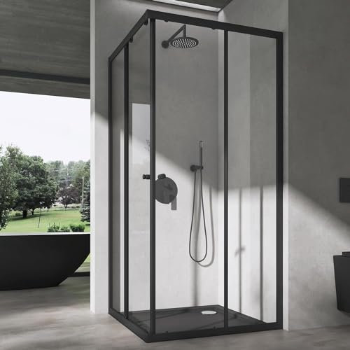 doporro Box Doccia 70x120cm con 4cm Piatto Doccia, Box Doccia a Soffietto Cabina Bagno in Cristallo Trasparente con Porte Scorrevoli Ravenna16K Plus, Nero