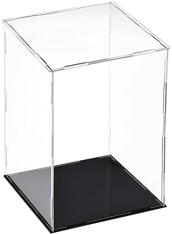 TA-VIGOR Acrylic Clear Display Case, 15 x 15 x 25cm Assemble Countertop Box Cube Organizer Stand Dustproof Protection Showcase with Black Base for Action Figures Toys Collectibles Home Storage