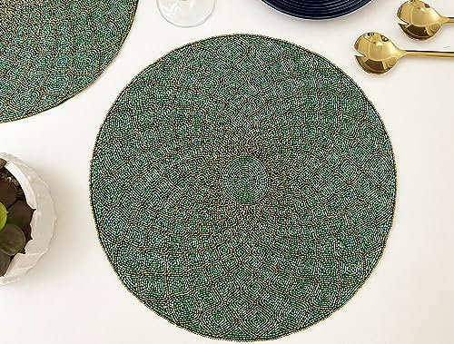 Enliven Set of 6, Luxury Handmade Beaded placemat, Small Bead tablemat, 14 inch, Green Charger Plate, Gift for herÂ