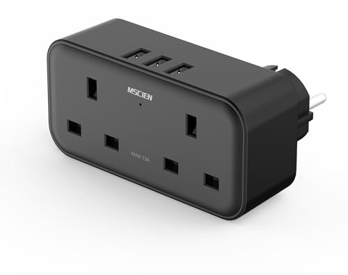 UK to European Plug Adapter with 3 USB, Travel Adapter Plug UK to EU Europe, Black Type E/F Plug Adaptor with Dual 2 Pin Socket, Euro Schuko Grounded Charger for Germany France Spain Turkey Greece