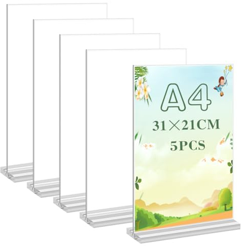 EMNIMQ 5 Pcs A4 Acrylic Sign Holders,T-Shape Clear Poster Menu Holder,Double Sided Table Menu Display Stand for Restaurant, Office,Hotel, Promotions,Photo,Documents,Wedding, Menu