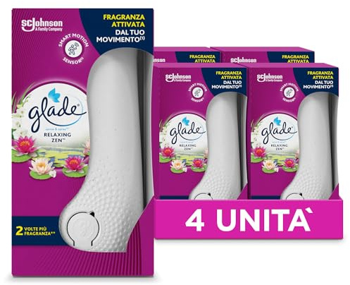 Glade Sense & Spray Luftfräschare med eteriska oljor och smart rörelsesensor, doftavslappning Zen, 4 diffusorer och 4 påfyllningar, 8 AA-batterier