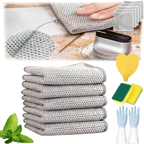 Wire Dishwashing Rag, Multifunctional Non-Scratch Wire Dishcloth, Double Stainless Steel Scrubber, Multipurpose Wire Dishwashing Rags For Wet And Dry (5PCS)