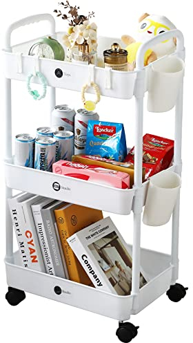 KOADOA 3-Tier Storage Trolley on Wheels, Kitchen Rolling Utility Cart Storage Organiser with Handle Hanging Cups for Office, Kitchen, Bedroom, Bathroom, Laundry Room, Narrow Places (White)