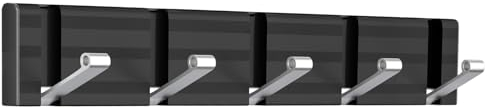 Wisfame Stabile Kleiderhaken Garderobe Wand, Aluminium Garderobenleiste mit 5 Klappbar Hakens,Platzsparende Garderobenhaken für Badezimmer,Schlafzimmer,Eingangsbereich,Tür(Schwarz/Silber)