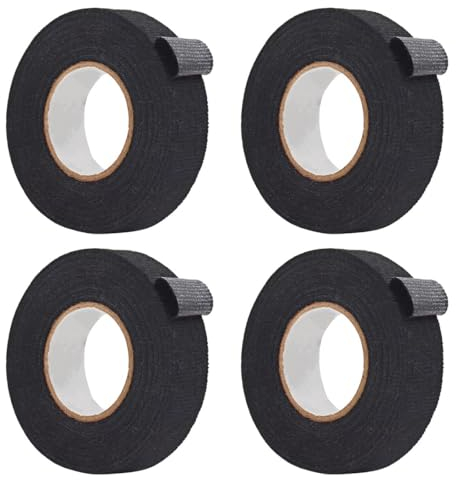 4 Rotolinastro Nastro Isolante in Tessuto, Nastro Tessile Autoadesivo per Cablaggi,Nastro Adesivo Telato Nero Resistente al Calore, 19 mm x 15 m,per Auto, Moto e Cavi