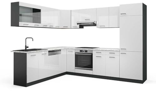 Vicco Eckküche R-Line, Weiß Hochglanz/Anthrazit, 287 x 227 cm | 12 Module · Höhenverstellbare Füße · AP Marmor inkl. · Robuste Fronten · Mit Kühlschrankumbauschrank