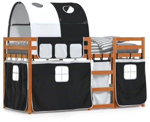 Juroupi Etagenbett mit Vorhängen Weiß & Schwarz 75x190 cm Kinder Etagenbett Kinderbett Doppelbett Kinderhochbetten Bett Kiefernholz - 3284015
