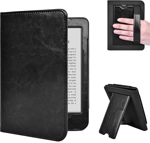 E NET-CASE Hülle für 6 KoboClara BW (2024) / Kobo Clara Colour (2024) / Kobo Clara 2E (2022) eReader - Premium PU Leder Schutzhülle Auto Sleep/Wake mit Kartenschlitz & Handschlaufe (Schwarz)