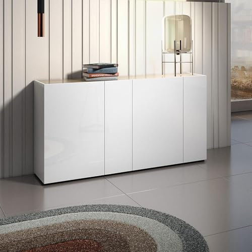 Dmora - Buffet Thembisile, Buffet du Salon, Commode de Salon, Garde-Manger de Cuisine, Made in Italy, 174x40h92 cm, Blanc Brillant et chêne