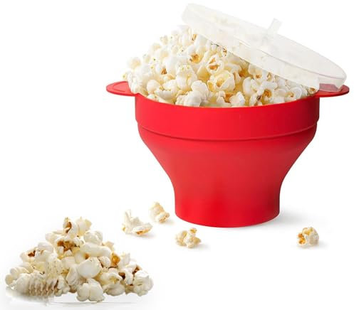 NUWIQ Rot Popcorn Maker Silikon - 25,5 x 14.5 cm Popcorn Mikrowelle - BPA-frei Faltbar Popcorn Behälter für die Mikrowelle - Mikrowellen Popcorn Schüssel für Party Haus Küche