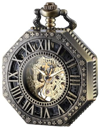 BOSHIYA Reloj de bolsillo mecánico vintage para hombre, luminoso, steampunk, con cadena, esfera de esqueleto negro, números romanos, regalo para el día del padre, Octágono-Bronce