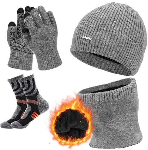 Aicerous®3 in1 Inverno Berretto Scaldacollo Guanti Set, Cappello Invernali Sciarpa Set, Cappelli Caldo Scaldacollo Touch Screen Guanti, con fodera in pile, morbido e delicato sulla pelle (Gray)