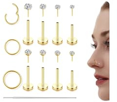 CASSIECA 12stk Tragus Labret Lippen Piercing Set - Chirurgenstahl Ohrringe Gold Mit Zirkonia Stern Flat Ohr Knorpel Medusa Conch 18G