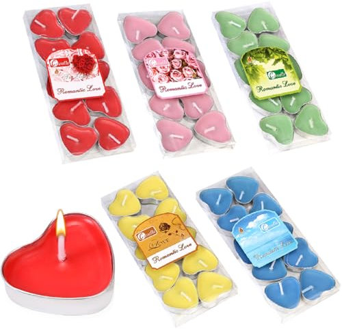 Amycute Teelichter 2 Stunden Brenndauer, 60 Stück Bunte Herz Kerzen, Unparfümiert, für Valentinstag, Hochzeit, Jubiläum